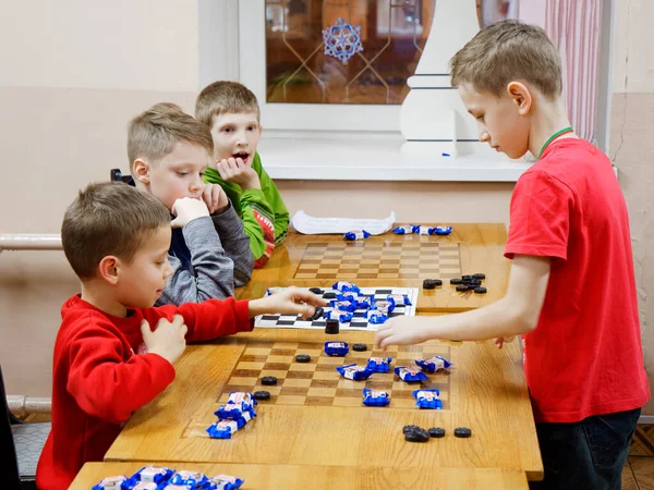 Gomel Belarus December 2020 Festive New Year Checkers Tournament Children — Stock Photo, Image