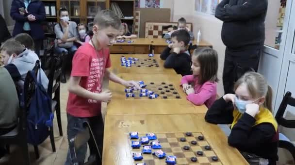 Gomel Belarus December 2020 Festive New Year Checkers Tournament Children — Stok video