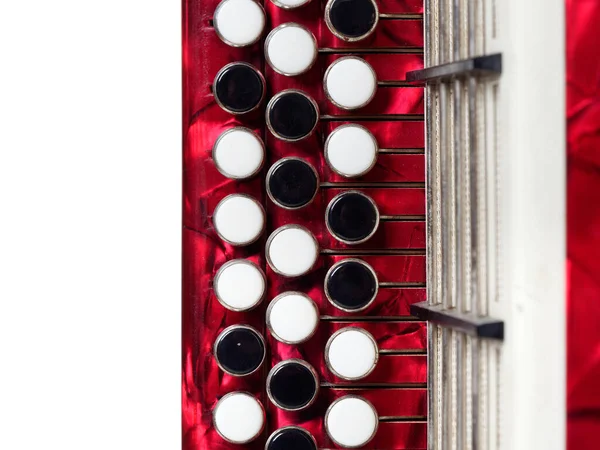 Muzen Instrument Knop Accordeon Rij Rood Een Witte Achtergrond 2021 — Stockfoto