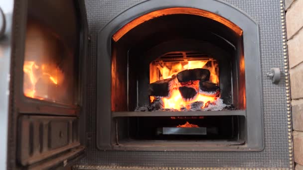 Firewood Burning Furnace Firebox Red Flame — Stock Video