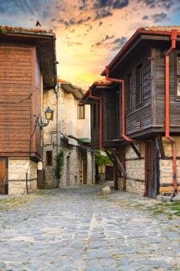 NESSEBAR, BULGARIA, 20 HAZİRAN 2016: Mimari çözümler Nessebar eski kasaba binaları yerleşim bölgesi