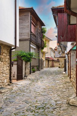 NESSEBAR, BULGARIA, 20 HAZİRAN 2016: Mimari çözümler Nessebar eski kasaba binaları yerleşim bölgesi