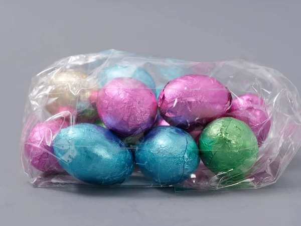 Chocolate Candies Foil Form Easter Eggs Gray Background 2021 — Stock Photo, Image