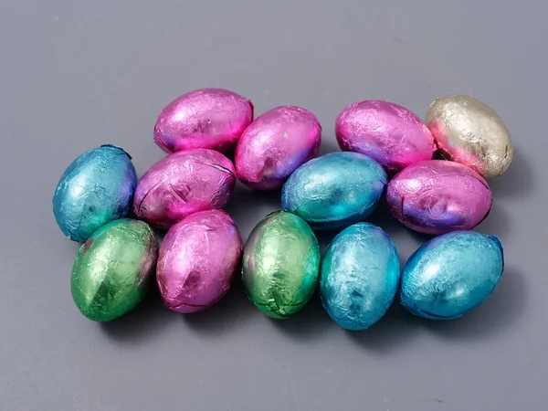 Chocolate Candies Foil Form Easter Eggs Gray Background 2021 — Stock Photo, Image