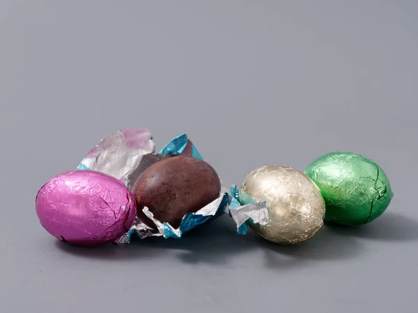 Chocolate Candies Foil Form Easter Eggs Gray Background 2021 — Stock Photo, Image