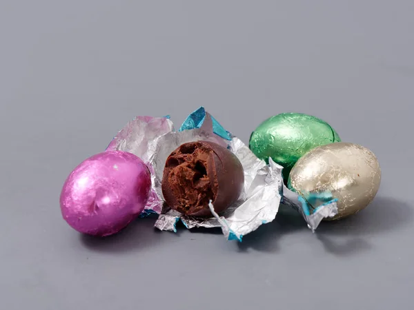 Chocolate Candies Foil Form Easter Eggs Gray Background 2021 — Stock Photo, Image