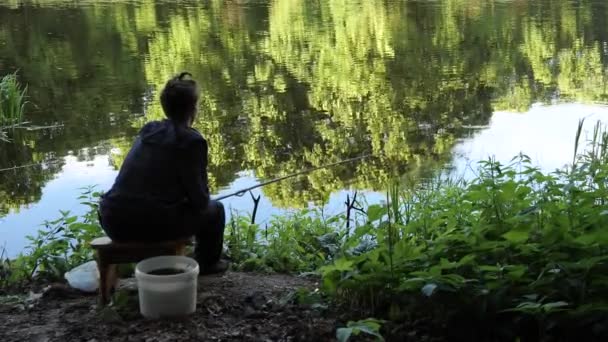 Gyönyörű Helyen Tavon Reggeli Köd Gyerekek Horgászat Horgászbot — Stock videók