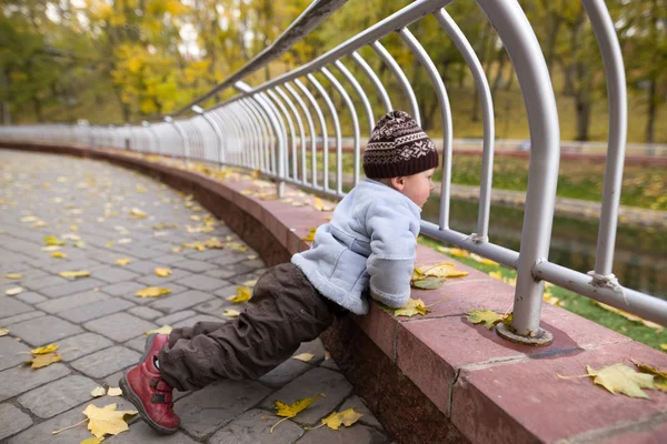 Un ragazzo di due anni in passeggiata in un parco cittadino — Foto Stock