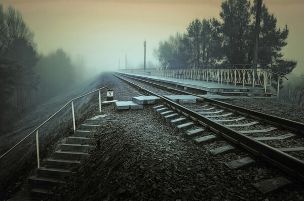 Железнодорожная трасса осенним туманным утром в сельской местности
