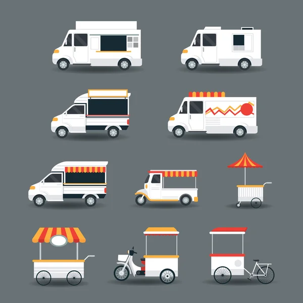 Food Vehicles, Truck, Van, Pushcart, White Body Set — Stock Vector
