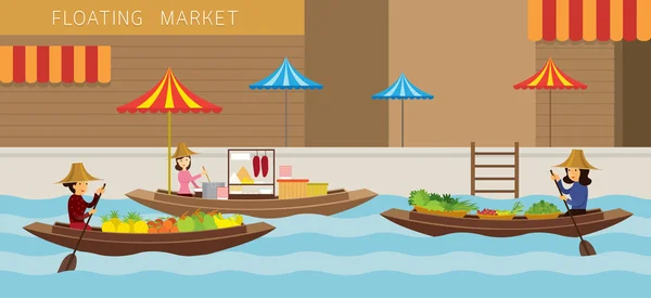Плавучий рынок, лодка, путешествия — стоковый вектор
