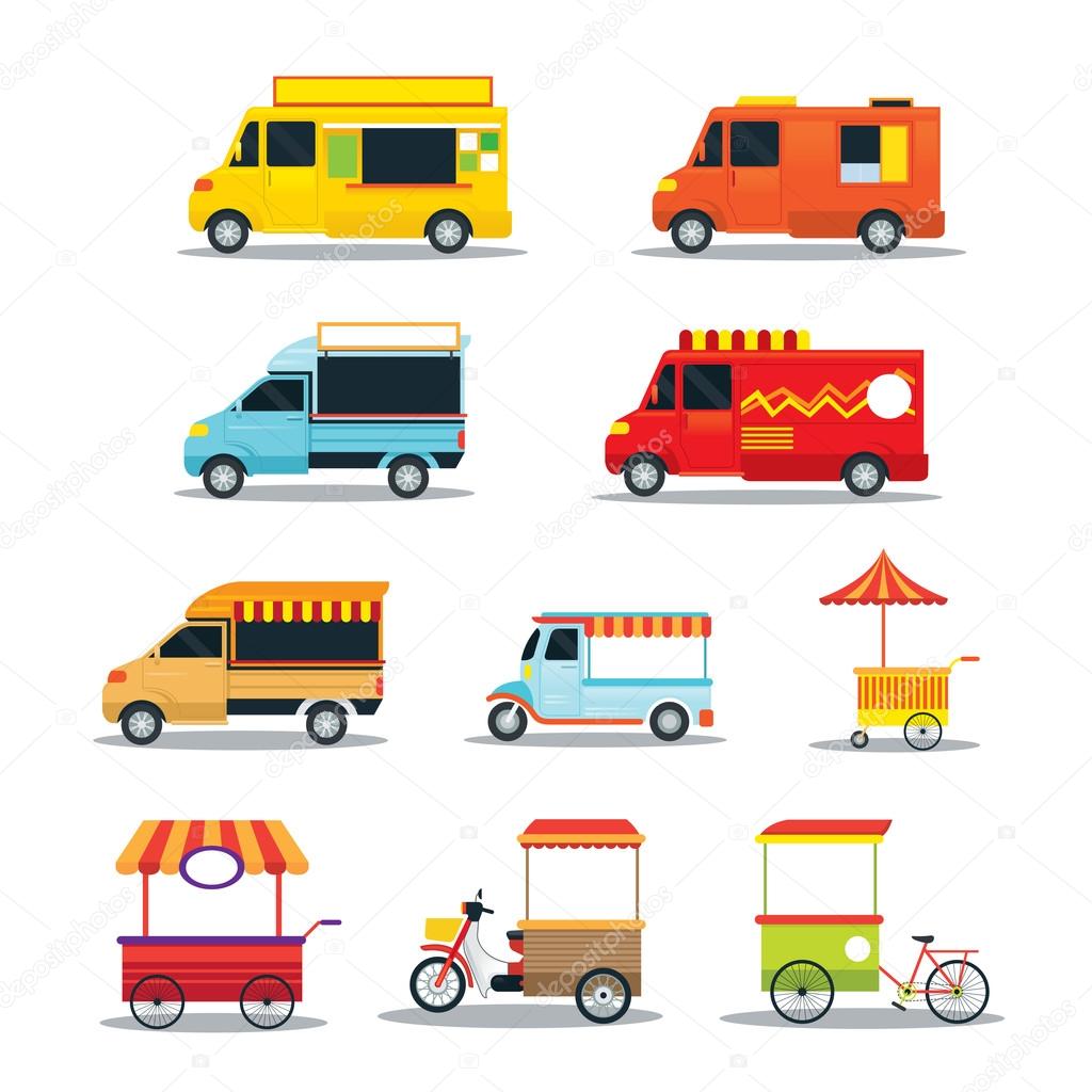 Food Vehicles, Truck, Van, Pushcart, Color Set