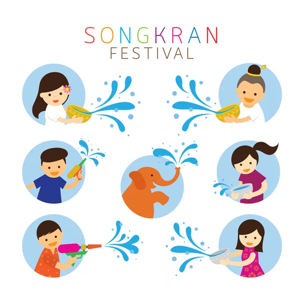 Songkran Festival, barn karaktär spelar vatten — Stock vektor