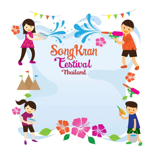 Festival de Songkran, niños jugando al marco de agua — Vector de stock