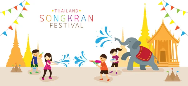 Festival de Songkran, Enfants jouant de l'eau dans le temple — Image vectorielle