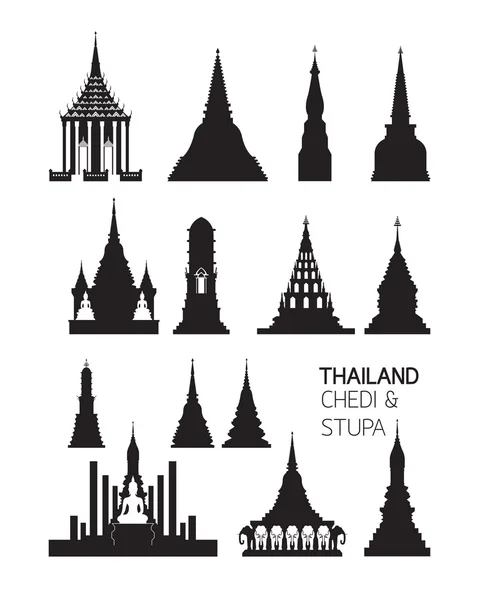 Tailandia Pagodas budistas objetos, conjunto de siluetas — Vector de stock