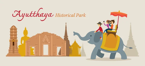 Turystyczna jazda Elephant, Ayutthaya, Tajlandia — Wektor stockowy