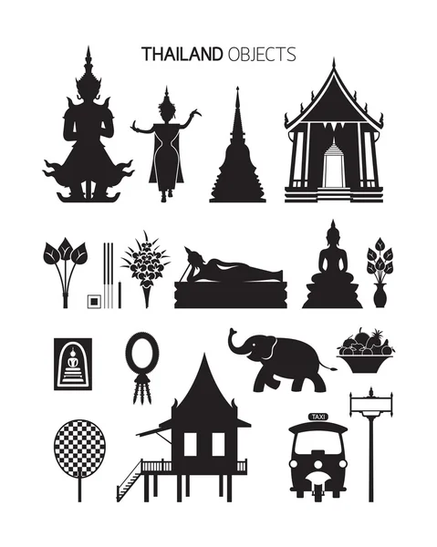 Thailand cultuur objecten, silhouet Set — Stockvector