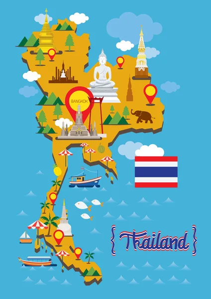 Thailand Karte Detail Sehenswürdigkeiten — Stockvektor