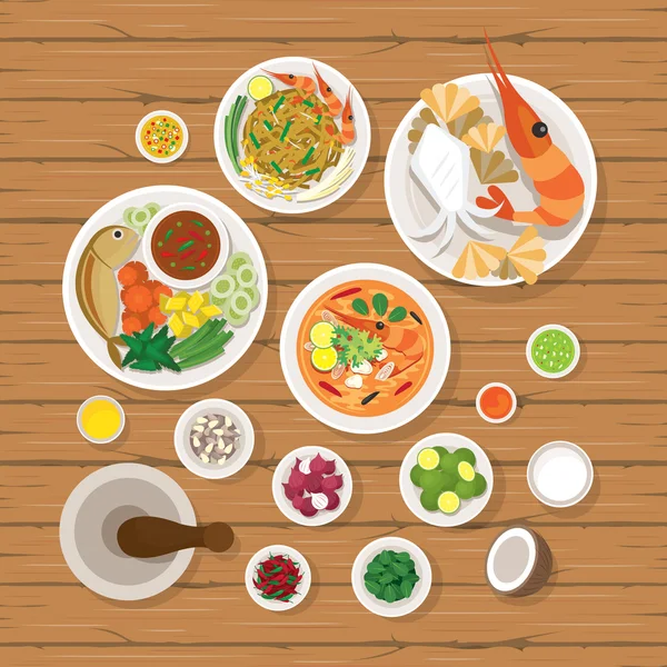 Thai Food and Ingredients Set - Stok Vektor