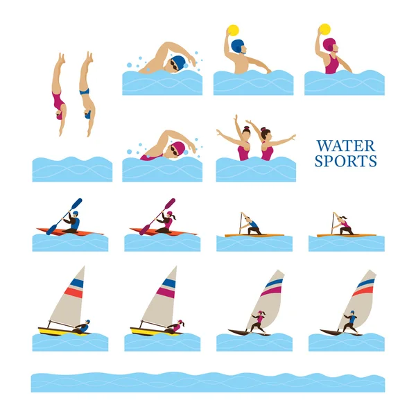 Sport idrottare, vattensporter folk funktionsmakrouppsättningen — Stock vektor