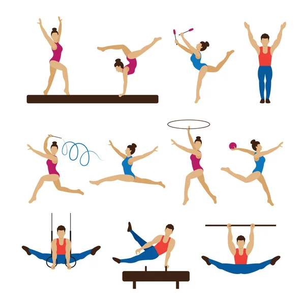 Conjunto de atletas, hombres y mujeres de gimnasia — Vector de stock