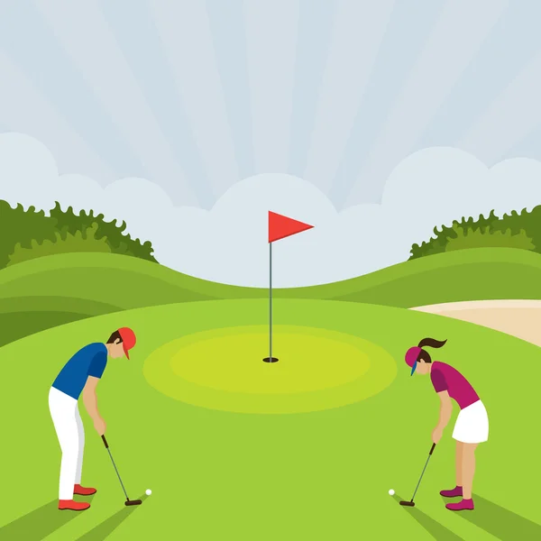 Hombre y mujer jugando al golf — Vector de stock