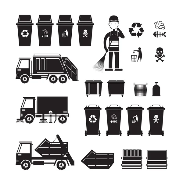 Recogida de residuos, Camiones, Papelera, Basurero, Barredora , — Vector de stock