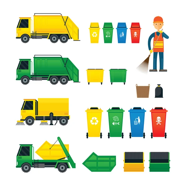 Waste Collection, Truck, Bin, Dumpster, Sweeper, — Stock Vector