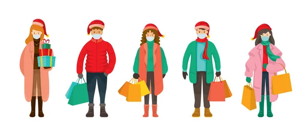 Άτομα Χειμερινά Ρούχα Μάσκα Προσώπου Χριστουγεννιάτικη Έννοια Αγορών Πρόληψη Του — Διανυσματικό Αρχείο