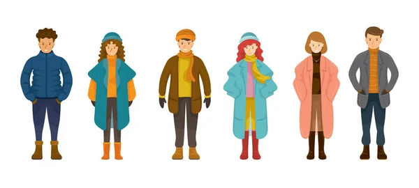 Люди Зимней Одежде Набор Стоя Носить Пальто Свитер Куртка — стоковый вектор