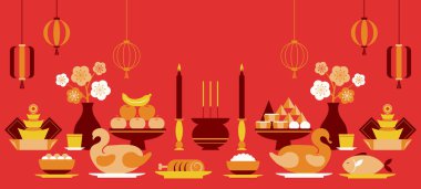 Chinese New Year, Sacrificial Offering Objects Background, Traditional Worship, Food and Fruits clipart