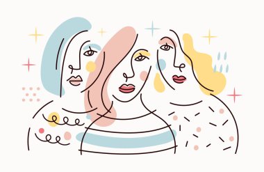 Kız Portresi Grubu Basit Çizim, Çok Uluslu, Çeşitli Etnik, Güzellik ve Kozmetik Konsepti