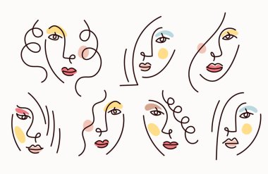Kız Yüzü Çizim Seti, Çok Uluslu, Çeşitli Etnik, Güzellik ve Kozmetik Konsepti