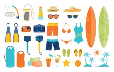 Yaz Nesneleri ve Ekipmanları Set, Seyahat, Tatil ve Etkinlikler