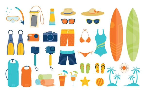 Sommer Objekte Und Ausrüstung Set Reisen Urlaub Und Aktivitäten — Stockvektor