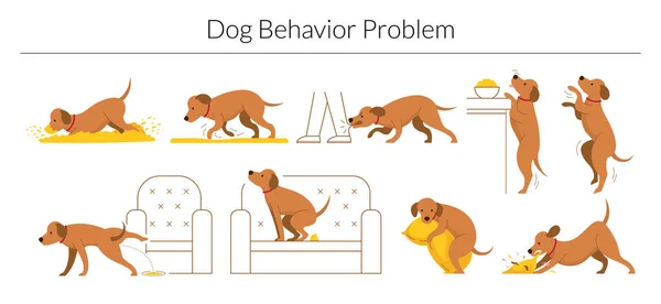 Dog Behavior Problem Set Digging Destroying Biting Jumping Pee Poop — Stock Vector