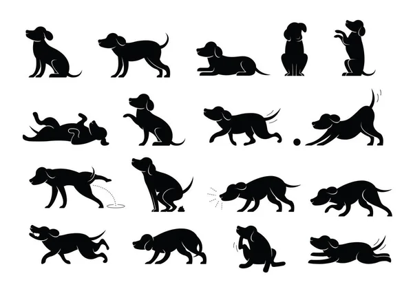 Σετ Σιλουέτας Συμπεριφοράς Σκυλιών Διάφορες Ενέργειες Και Στάσεις Γλώσσα Του — Διανυσματικό Αρχείο
