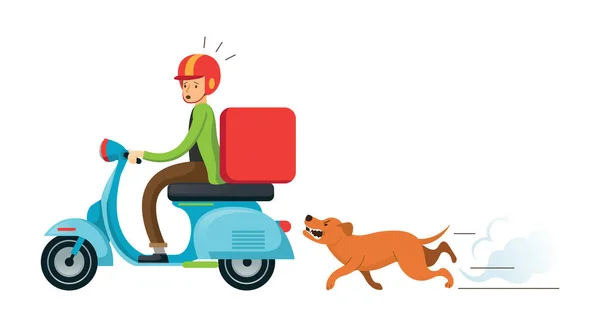 Dog Chasing Man Ridding Motorcycle Scooter Delivery Man Postman — Stock Vector