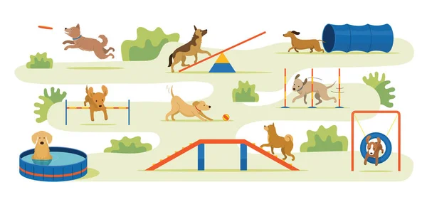 Köpeklerin Oyun Sahasında Oynaması Oyuncaklar Ekipmanlarla Park Arkaplanı — Stok Vektör