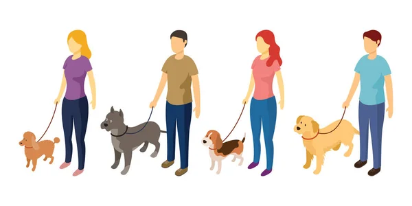 带着狗站在一起的人 男人和女人 用皮带 等距视图 — 图库矢量图片