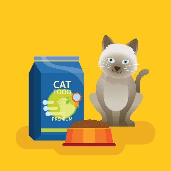 猫は食べ物のパッケージ ボウルの食べ物 かわいい漫画に座って — ストックベクタ