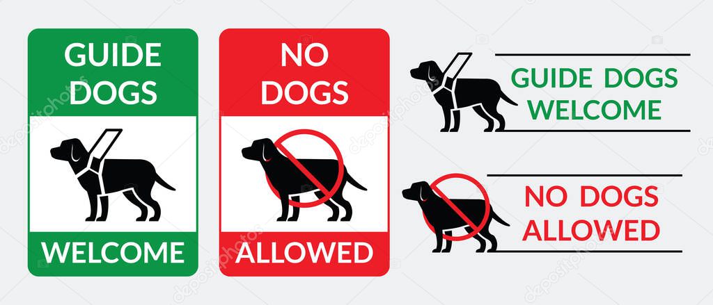 Guide Dogs Welcome and No Dogs Allowed Sign, Symbol, Vertical and Horizontal Design