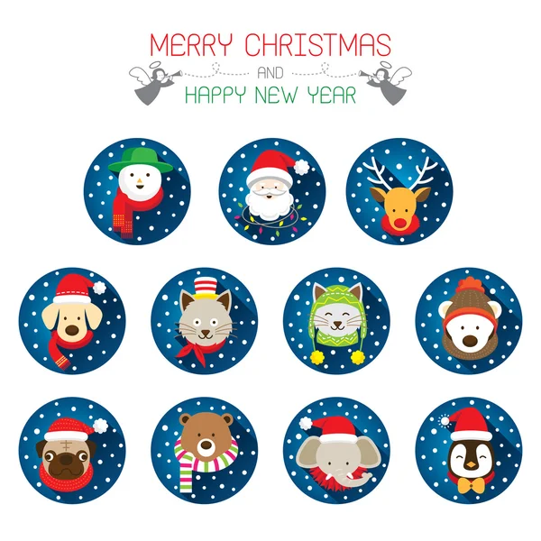 Flat Icons Set: : Christmas, Santa & Animals — Stock Vector