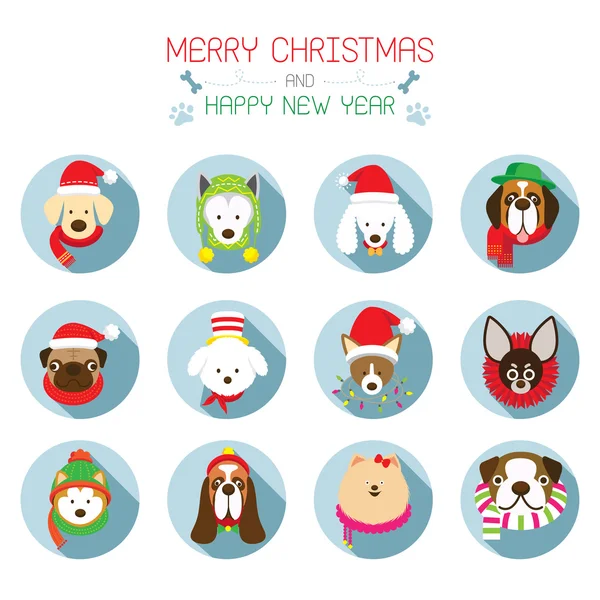 Set de iconos planos:: Navidad, Varias razas de perros — Vector de stock