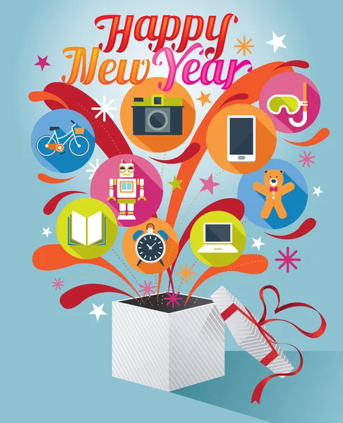 Gift Box with Happy New Year Text and Various Icons — Stock Vector