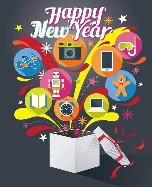 新年あけましておめでとうございますテキストと様々 なアイコンが付いたギフト ボックス — ストックベクタ