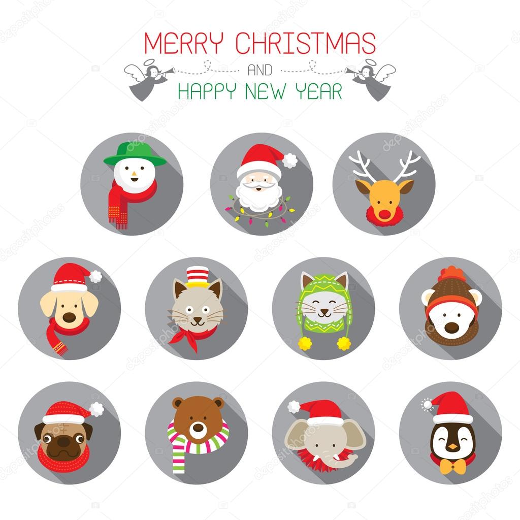 Flat Icons Set: : Christmas, Santa & Animals