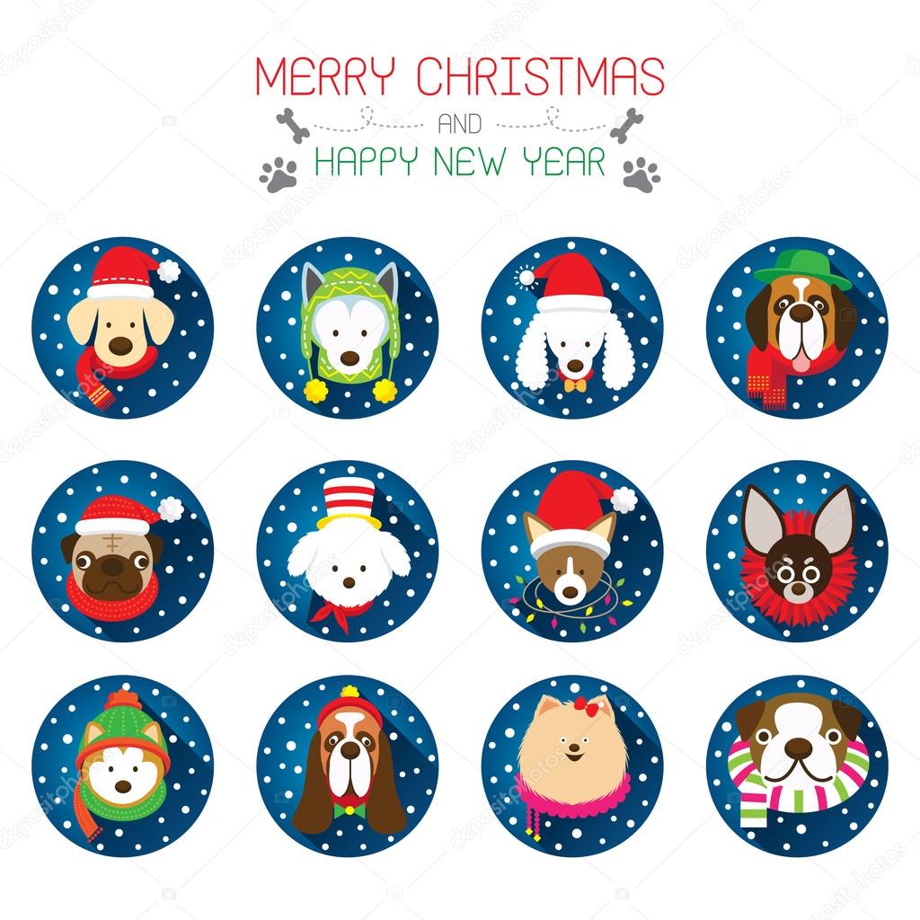 Flat Icons Set: : Christmas, Various Dog Breeds