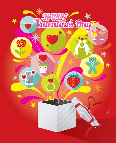 Caja de regalo en forma de corazón con iconos de amor y texto de San Valentín — Archivo Imágenes Vectoriales